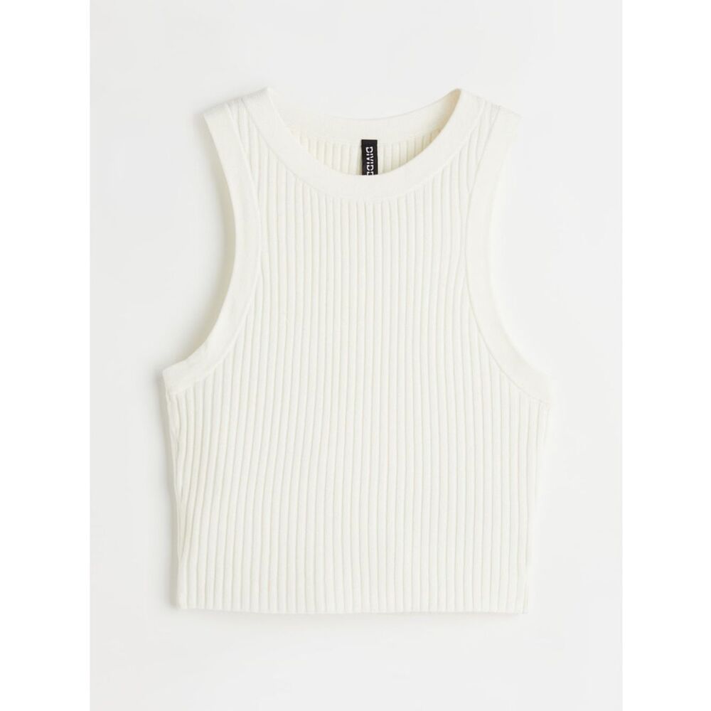H&M White Ribbed Knit Cropped Tank Top
